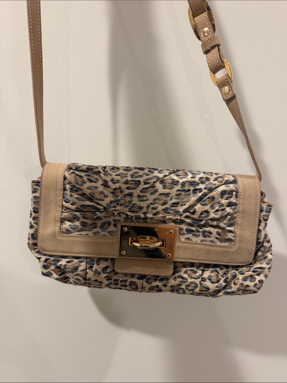 Stuart Weitzman Leopard Print Crossbody in Beige and Gold
